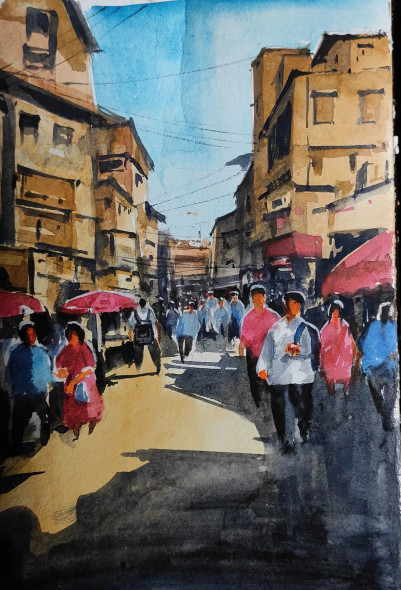 Market (ART-7901-105906) - Handpainted Art Painting - 8in X 10in