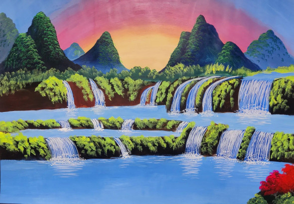 Waterfall | Nature | Landscape (ART-16175-105939) - Handpainted Art Painting - 27in X 19in