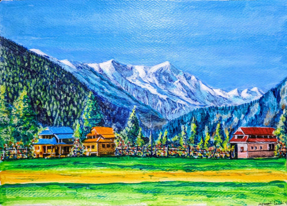 Morning In The Mountains (ART-15803-105899) - Handpainted Art Painting - 12in X 8in