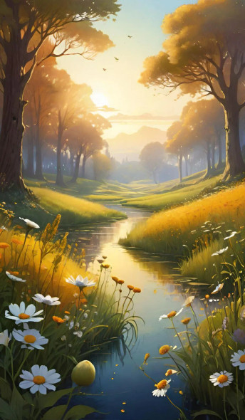 "Golden Hour In A Tranquil Meadow" (PRT-5620-106052) - Canvas Art Print - 14in X 24in