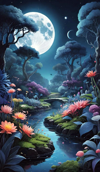 "Ethereal Moonlit Garden" (PRT-5620-106055) - Canvas Art Print - 14in X 24in