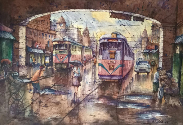 Tram In Kolkata-2 (ART-5995-106014) - Handpainted Art Painting - 22in X 15in