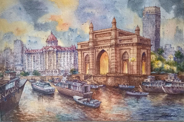 Gateway Of India In Mumbai- 2 (ART-5995-106015) - Handpainted Art Painting - 22in X 15in