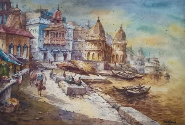 Varanasi Ghats-2 (ART-5995-106019) - Handpainted Art Painting - 22in X 15in