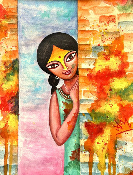 Little Indian Girl Playing Holi (ART-7998-105999) - Handpainted Art Painting - 8in X 11in