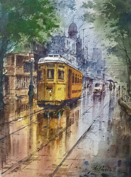 Tram In Kolkata-5 (ART-5995-106041) - Handpainted Art Painting - 11in X 15in