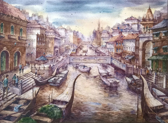 Water City-3 (ART-5995-106050) - Handpainted Art Painting - 30in X 22in