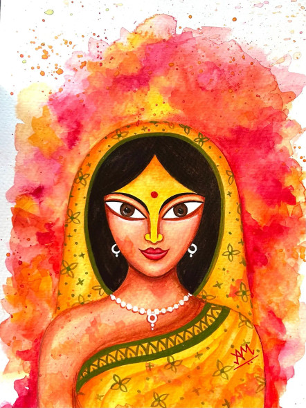 Indian Woman In Colours (ART-7998-105998) - Handpainted Art Painting - 8in X 11in