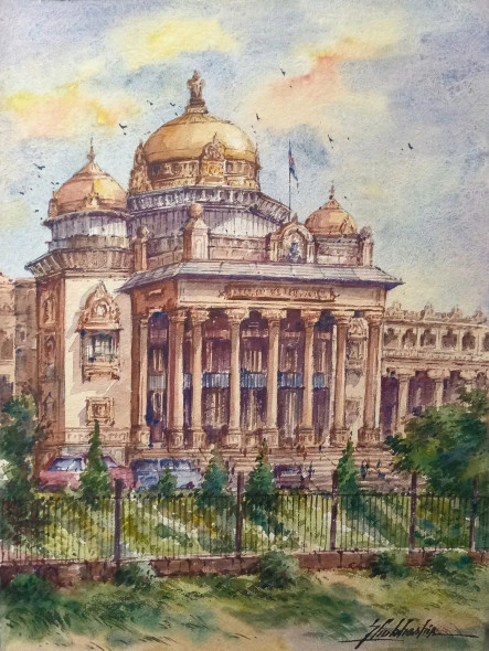 Parliament Bhaban-2 (ART-5995-106039) - Handpainted Art Painting - 11in X 15in