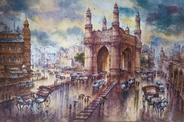 Charminar In Hyderabad-1 (ART-5995-106016) - Handpainted Art Painting - 22in X 15in
