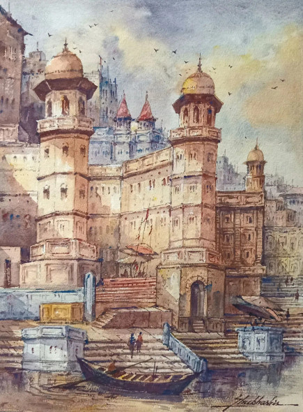 Varanasi Ghats-5 (ART-5995-106034) - Handpainted Art Painting - 11in X 15in