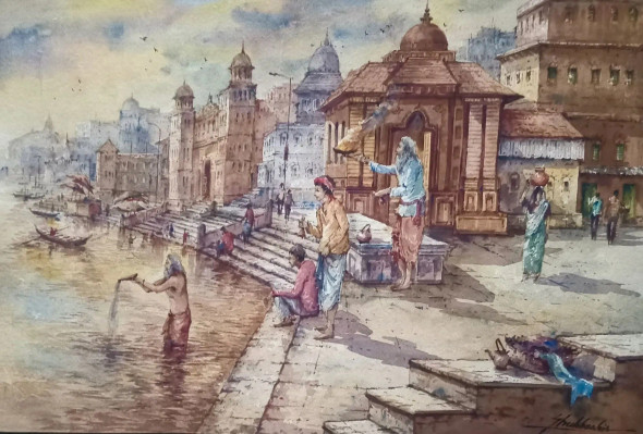 Varanasi Ghat-2 (ART-5995-106018) - Handpainted Art Painting - 22in X 15in