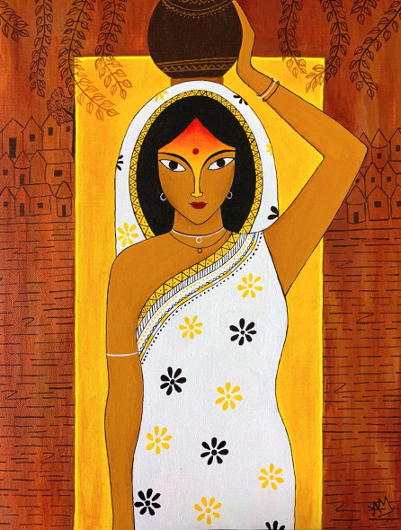 The Indian Village Belle (ART-7998-105997) - Handpainted Art Painting - 14in X 18in