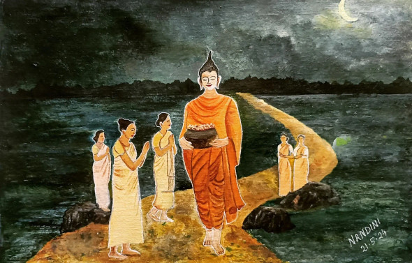 Lord Buddha - Path To Happiness (ART-8657-106042) - Handpainted Art Painting - 24in X 17in