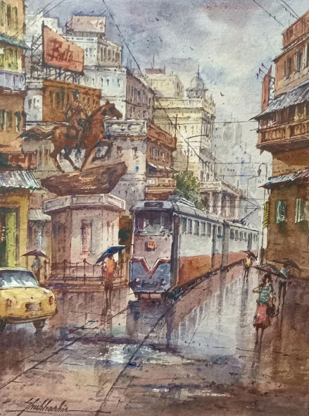 Tram In Kolkata-4 (ART-5995-106036) - Handpainted Art Painting - 11in X 15in