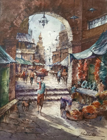 The Market-2 (ART-5995-106037) - Handpainted Art Painting - 11in X 15in