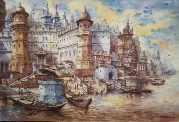 Varanasi Ghats- 5 (ART-5995-106020) - Handpainted Art Painting - 22in X 15in