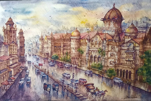 V Station In Mumbai-2 (ART-5995-106025) - Handpainted Art Painting - 22in X 15in