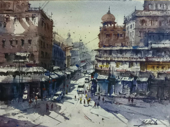 Kolkata Morning-1 (ART-5995-106026) - Handpainted Art Painting - 15in X 11in