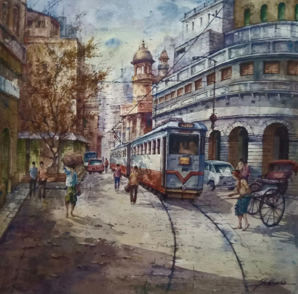 After The Rain In Kolkata-2 (ART-5995-106023) - Handpainted Art Painting - 22in X 22in