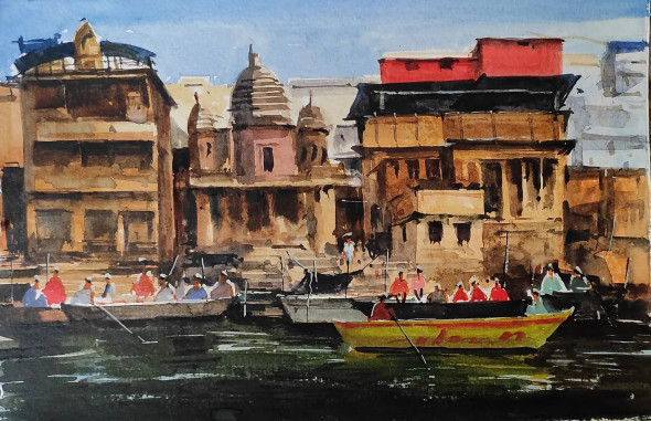 Benaras Ghat (PRT-7901-106112) - Canvas Art Print - 18in X 12in