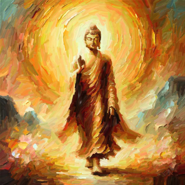 The Enlightened Journey: Buddha Walking Down The Path Of Serenity (PRT-15697-106057) - Canvas Art Print - 36in X 36in