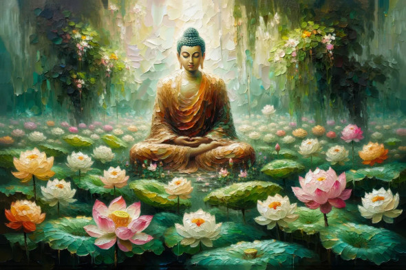 Tranquil Meditation: Gautam Buddha In The Peaceful Lotus Garden (PRT-15697-106061) - Canvas Art Print - 48in X 32in