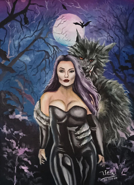 BEAUTY AND THE WOLF (ART-398-106161) - Handpainted Art Painting - 18in X 24in