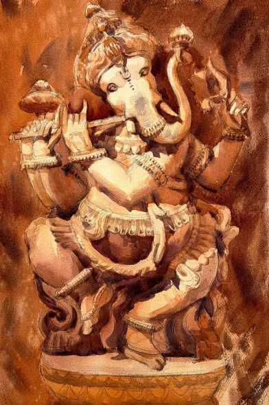 Ganpati Sculpture Painting (ART-788-106194) - Handpainted Art Painting - 12in X 18in
