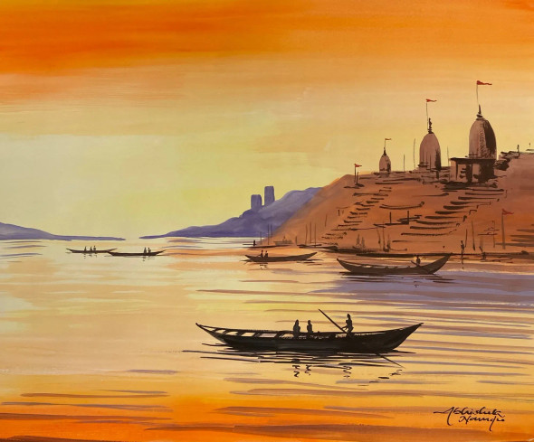 Banaras Ghat (ART-3512-106187) - Handpainted Art Painting - 12in X 10in