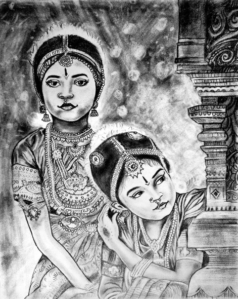 Indian Girls (ART-15903-106199) - Handpainted Art Painting - 12in X 16in