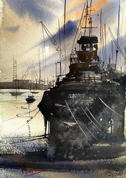Big Ship (ART-8987-106209) - Handpainted Art Painting - 10in X 15in