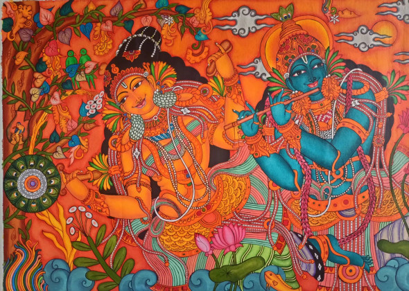 Krishna Leela (ART-8670-106192) - Handpainted Art Painting - 52in X 32in