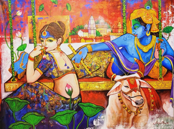 Radha Ke Krishna (ART-82-106265) - Handpainted Art Painting - 60in X 48in