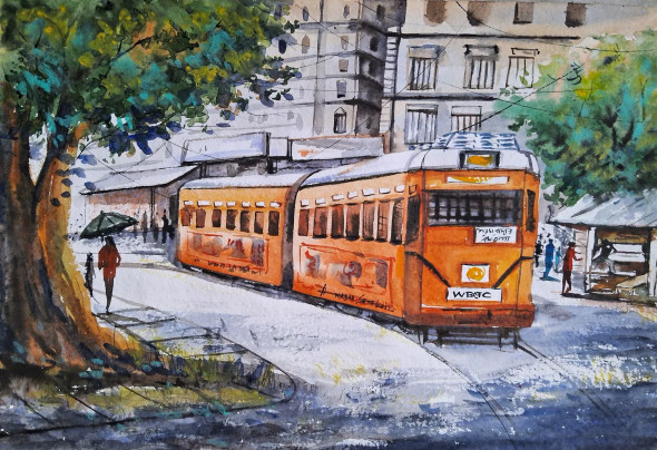 Morning Light On Kolkata City (ART-2874-106254) - Handpainted Art Painting - 21in X 14in