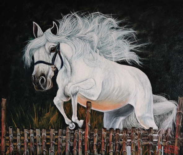 “Moonlight Spirit Horse” (ART-8067-106246) - Handpainted Art Painting - 20in X 16in