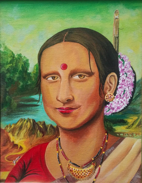 MO I NA Ko LI SA ( An Assamese Version Of Monalisa) (ART-16241-106271) - Handpainted Art Painting - 15in X 19in