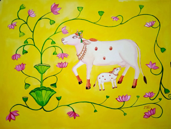 Krishana Cow (ART-8875-106267) - Handpainted Art Painting - 30in X 22in