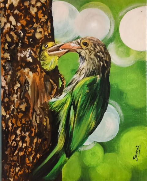 Barbet Bird (ART-16241-106275) - Handpainted Art Painting - 8in X 10in