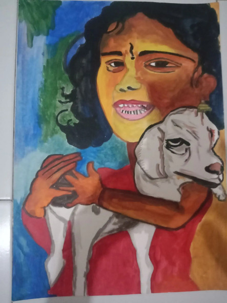 Girl With Goat (ART-7212-106360) - Handpainted Art Painting - 11in X 13in