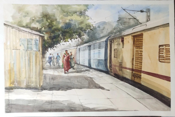 Indian Railway Platform (ART-8303-106300) - Handpainted Art Painting - 20in X 11in