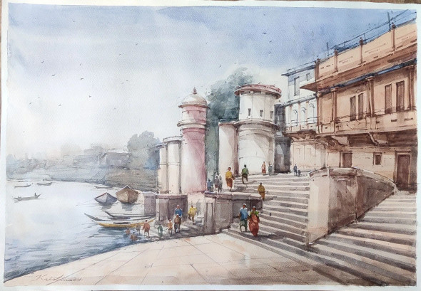 Famous Banarasghat Painting 2 (ART-8303-106302) - Handpainted Art Painting - 20in X 14in