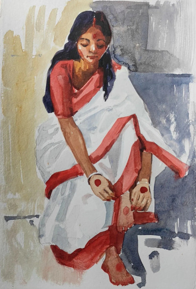 Bengali Woman (ART-7901-106325) - Handpainted Art Painting - 8in X 10in