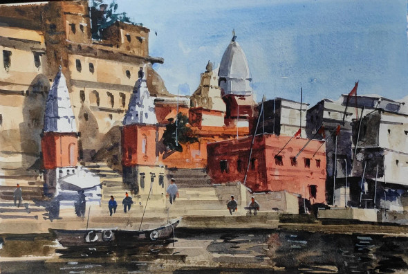 Banaras Ghat (ART-7901-106324) - Handpainted Art Painting - 10in X 8in