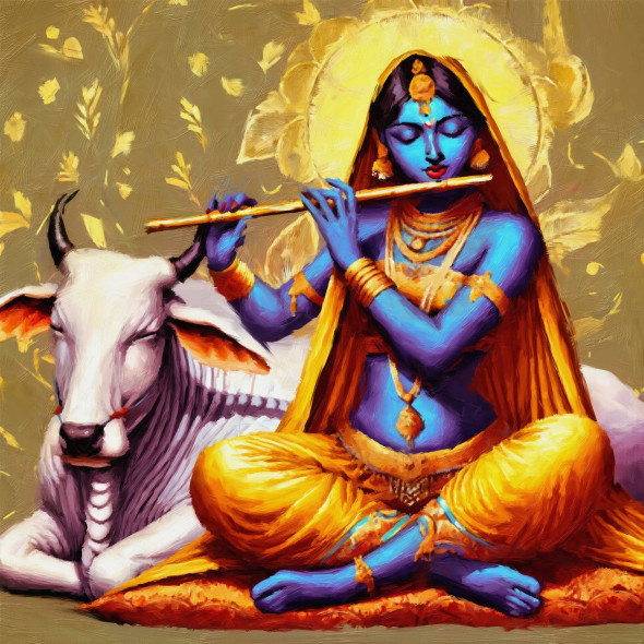 Radha Rani Playing Flute With Her Cow (PRT-15697-105952) - Canvas Art Print - 42in X 42in