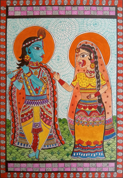 Radha Krishna Madhubani Painting (ART-16171-106441) - Handpainted Art Painting - 8in X 13in