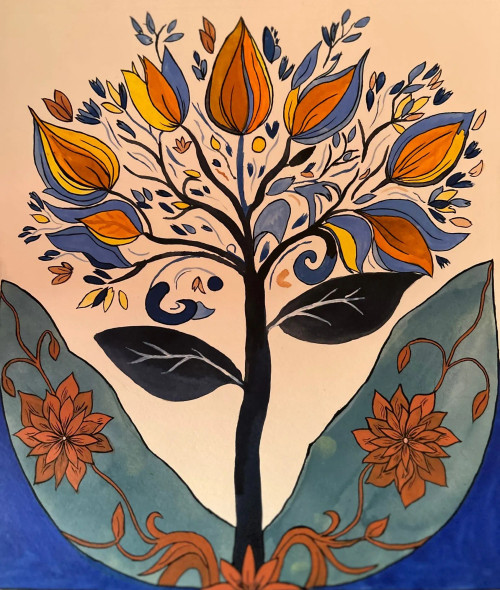 Flourishing Tree (ART-16264-106437) - Handpainted Art Painting - 12in X 13in