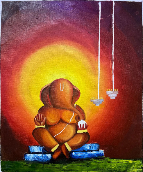 Ganesha Painting (ART-16136-106384) - Handpainted Art Painting - 10in X 12in