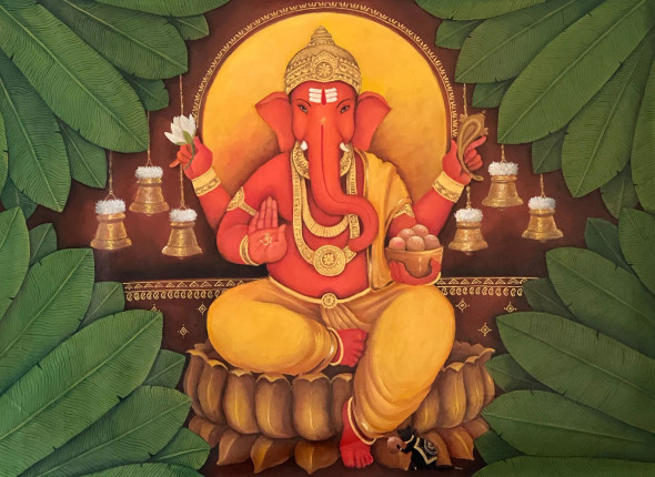 Ganesha (ART-16307-106454) - Handpainted Art Painting - 36in X 24in