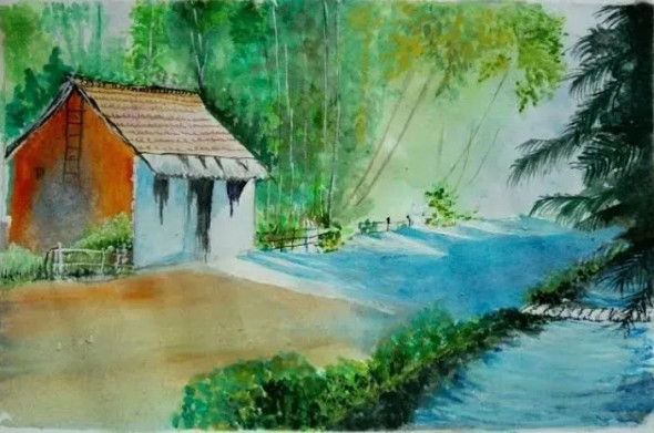 Monsoon In Village (ART-16222-106458) - Handpainted Art Painting - 10in X 13in